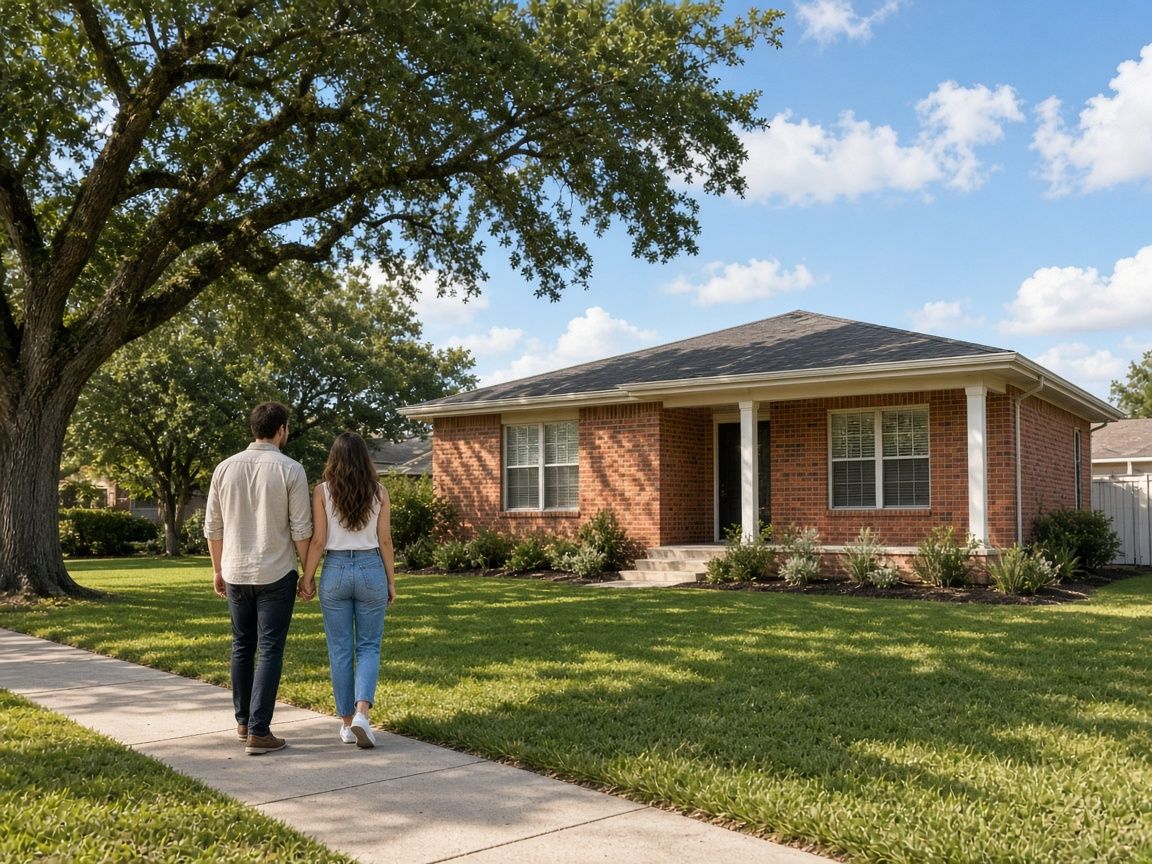 A couple walking hand in hand toward a brick home on a sunny street