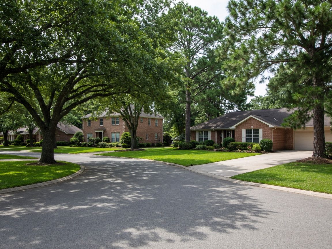 An established cul-de-sac with mature oak and pine trees
