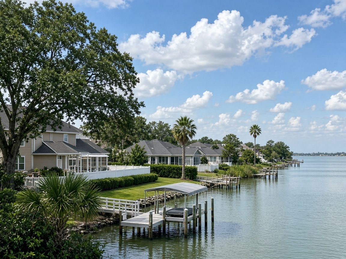 Waterfront homes with a boat dock on a calm waterway