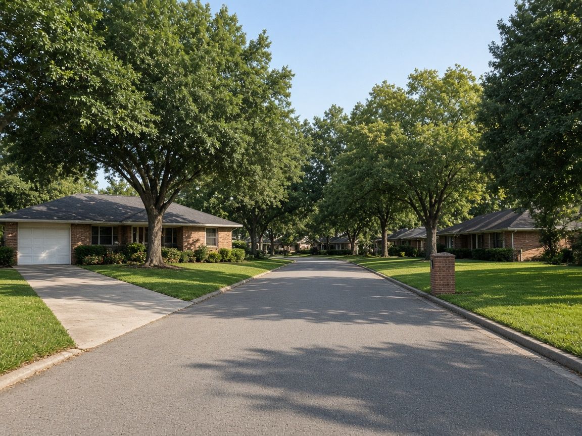 A mature street of single-story brick homes under large shade trees