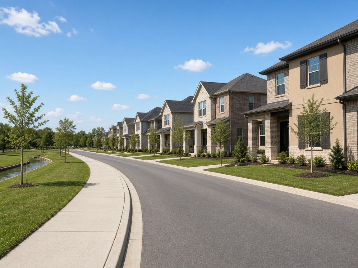A newer suburban street with two-story homes and a walking trail
