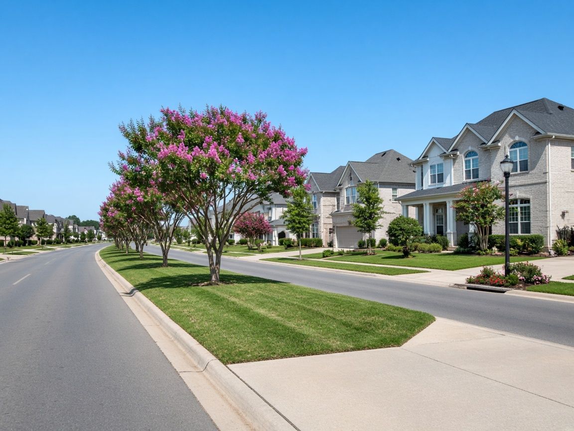 A wide boulevard with crape myrtle trees and light brick homes