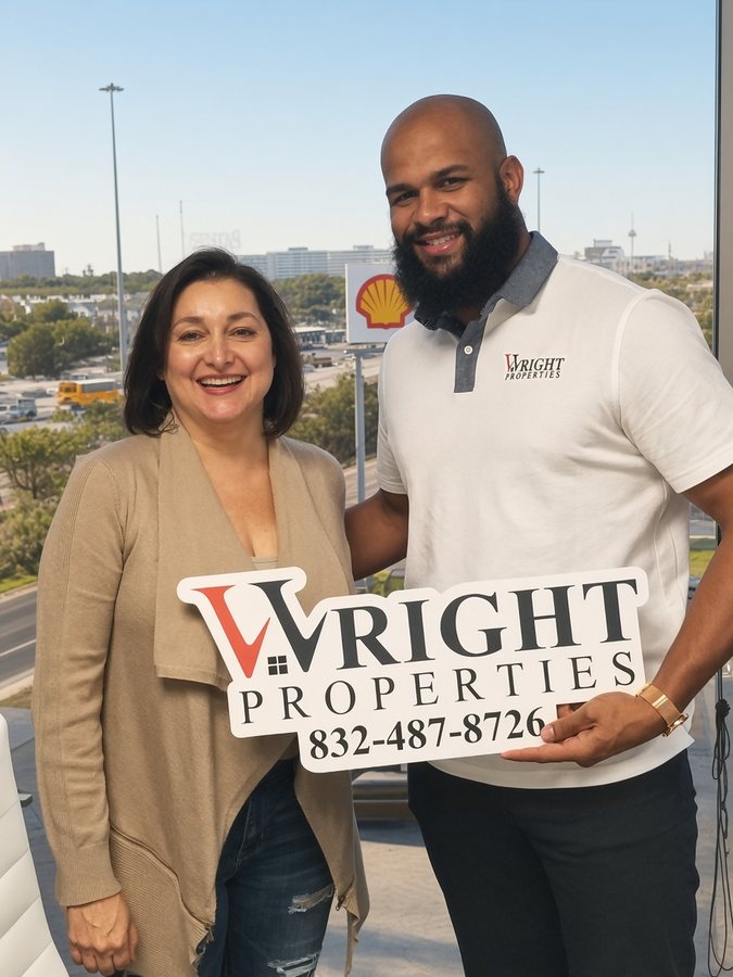 Mr. Wright and a smiling homeowner holding a Wright Properties sign
